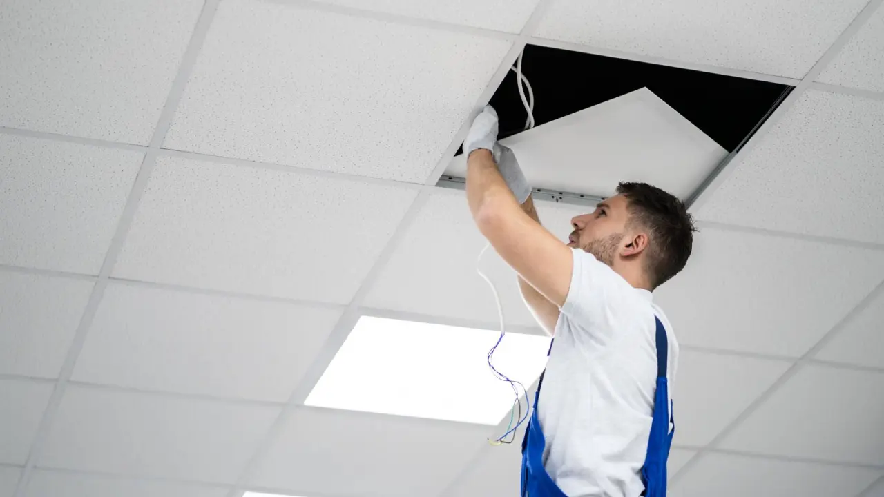 an electrician, which is one of the expenses associated with upgrades or repairs, fixes a light in a dentist office’s ceiling