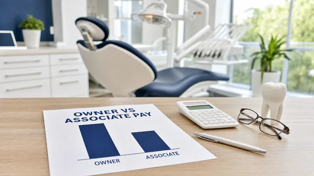 Printed bar chart comparing owner vs associate pay, with a calculator, pen, reading glasses and a tooth model on a desk in a dental office
