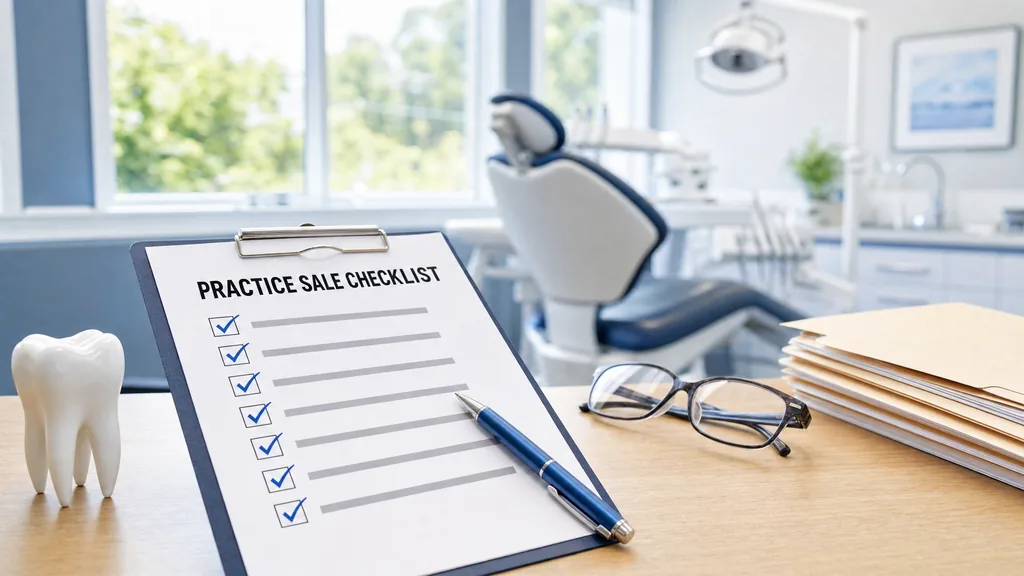 Clipboard with a practice sale checklist, a pen, reading glasses and a tooth model on a desk in a dental office